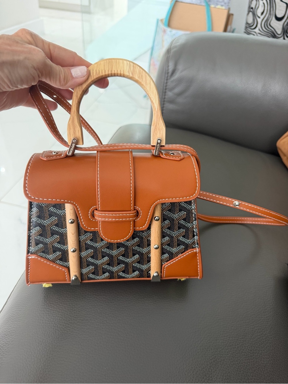 Source Unknown Brown Leather-Trim Mini Satchel with Patterned Canvas